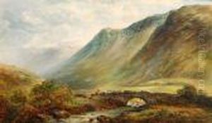 River Landscape With Shepherd Herding Cattleover A Stone Bridge
