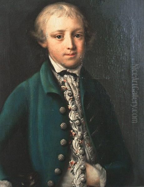 Portrait Of A Young Boy,
Traditionally Identified As A Young Horatio Nelson, Half-length, In A
Blue Coat With A White Embroidered Waistcoat, And A Small Dog At His
Side - view 1