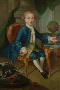 Portrait Of A Child, Seated At A
 Desk, With A Blue Coat And Breeches And A Green Embroidered Waistcoat, 
Gesturing To A Globe And Maps