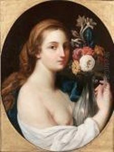 A Woman, Bust-length, Holding A Vase Of Flowers A Woman, Bust-length, Holding A Vase Of Flowers