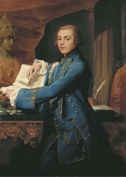 Portrait Of John Crewe, Later 
1st Baron Crewe (1742-1829),three-quarter-length, In A Gold-embroidered 
Blue Coat Andwaistcoat, Holding A Book, By A Marble-topped Table With A 
Bust Ofminerva, In An Interior - view 1
