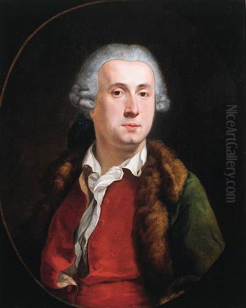 Portrait Of A Nobleman, Half
Length, Wearing A Fur-lined Greencoat, Red Waistcoat, Lace Chemise And
Wig, In A Painted Oval - view 1