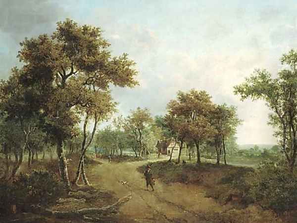 A wooded landscape with a cottage and figures on a path - view 1