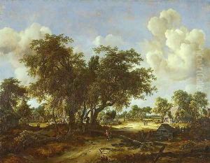 Wooded Landscape with Cottages 1665 by Meindert Hobbema