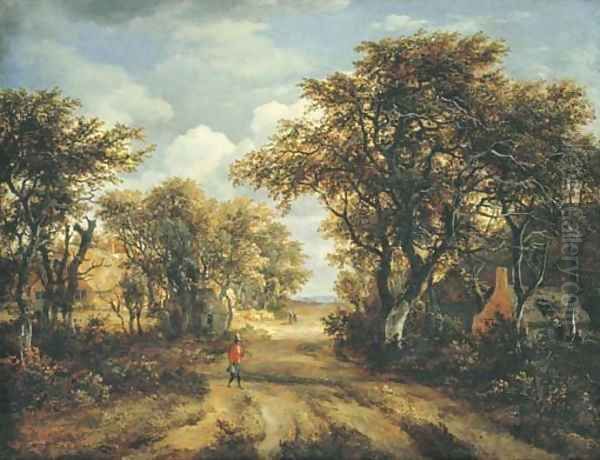 A wooded landscape with a hunter and other figures on a path - view 1