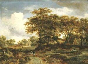 A wooded landscape with peasants and a village by Meindert Hobbema