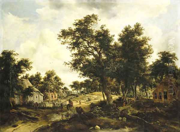 A wooded landscape with travellers on a path through a hamlet - view 1