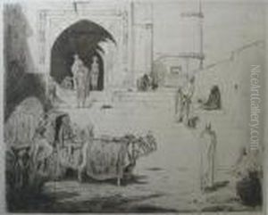 Oxencart And Figures By A Temple Entrance