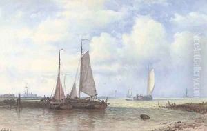 Barges on the Scheldt in the early morning light by Abraham Hulk Snr