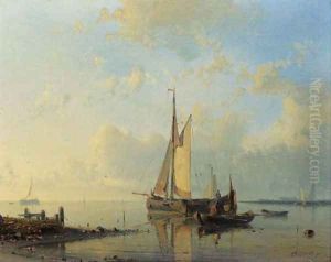 A calm rowing the tender to shore by Abraham Hulk Snr