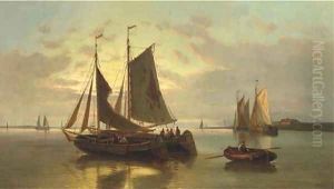 Barges on the Scheldt at dusk by Abraham Hulk Snr