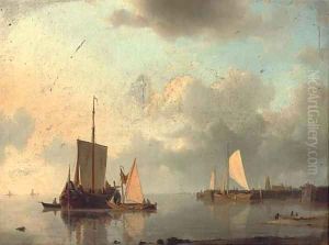 Barges on the estuary in the evening light by Abraham Hulk Snr