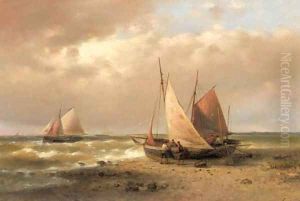Sailors standing by a beached sailingvessel by Abraham Hulk Snr