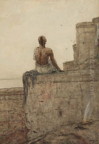 A Contemplating Indian Overlooking A River - view 1