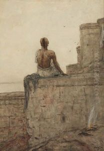 A Contemplating Indian Overlooking A River by Marius Bauer
