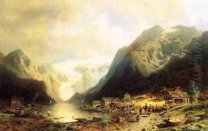 Fishermans Village on an Alpine Lake by Herman Herzog