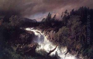 Mountain Landscape and Waterfall by Herman Herzog