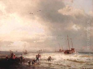 Fishermen by the shore of a stormy sea by Herman Herzog