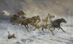 Pferdeschlitten Mit Jager In Winterlanschaft. by Adolf Baumgartner
