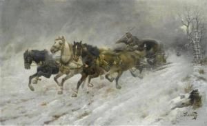 Horses And Sleigh In The Winter. by Adolf Baumgartner