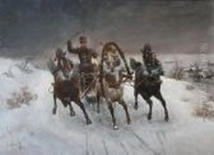 A Troika Sleigh At Speed In The Snow by Adolf Baumgartner