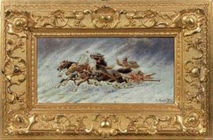 Russischer Troika-schlitten In Rasanter Fahrt by Adolf Baumgartner
