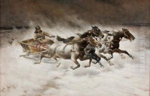Wolfe Verfolgen Eine Troika Im Winter by Adolf Baumgartner