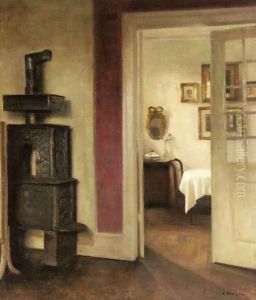 An Interior With A Stove And A View Into A Dining Room by Carl Wilhelm Holsoe