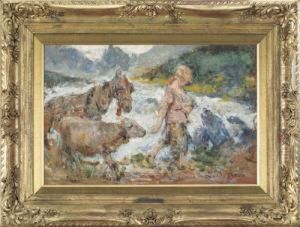 Contadina Con Armenti by Leonardo Bazzaro