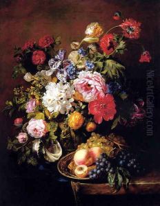 Roses, Peonies, Poppies, Tulips And Syringa In A Terracotta Pot With Peaches And Grapes On A Copper Ewer On A Draped Marble Ledge by Adriana-Johanna Haanen