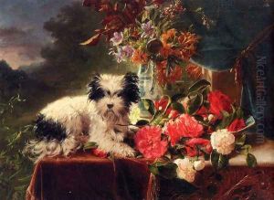Camellias And A Terrier On A Console by Adriana-Johanna Haanen