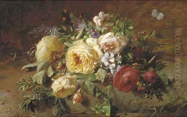 A bouquet with roses by a forest stream - view 1