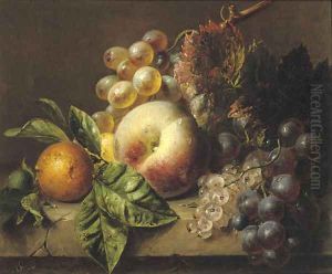 A peach, medlar, grapes and white currants on a ledge by Adriana-Johanna Haanen
