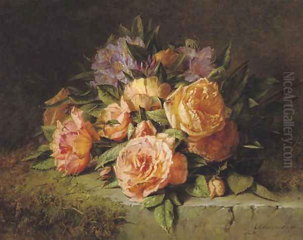 Pink roses and rhododendrons on a marble ledge - view 1