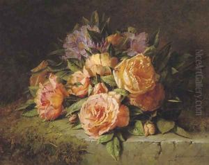 Pink roses and rhododendrons on a marble ledge by Adriana-Johanna Haanen