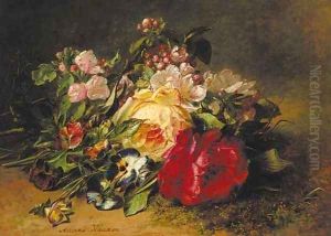 A still life with apple, blossom, roses and violets on a forest floor by Adriana-Johanna Haanen