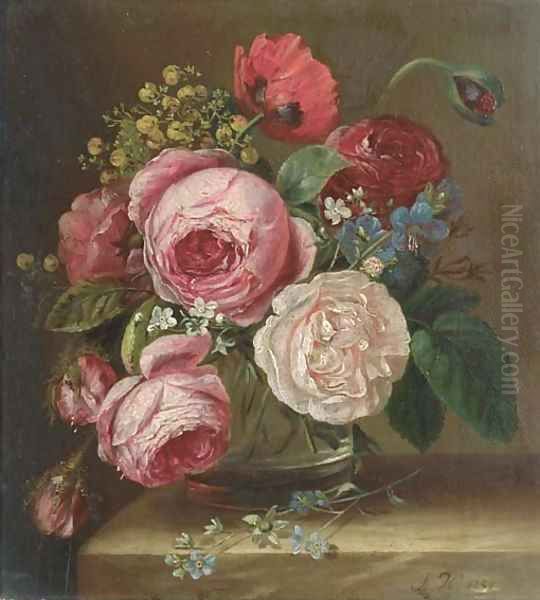 Roses in a glass vase on a ledge by Adriana-Johanna Haanen