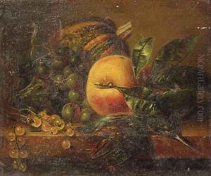 A still life with fruit and a kingfisher on a ledge
