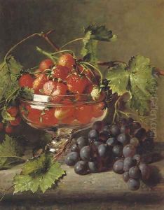 Strawberries in a glass bowl with grapes on a ledge by Adriana-Johanna Haanen