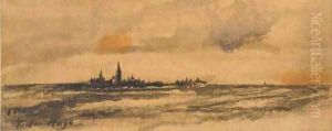 A seascape with a town on an island