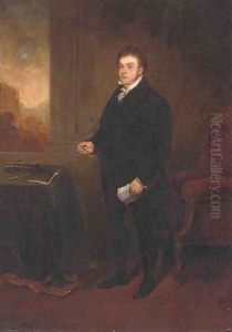 Portrait of Robert Hawkes (1774-1836), small full-length, holding a letter and spectacles, in an interior, a landscape beyond by Benjamin Robert Haydon