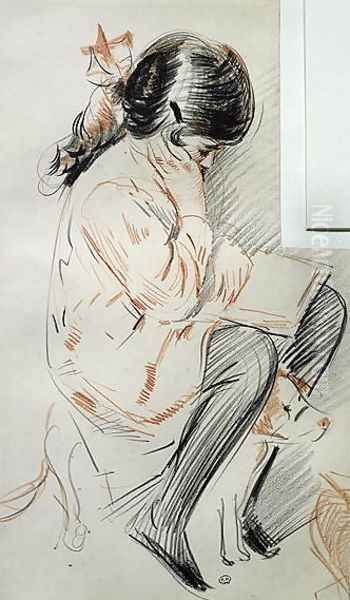 Paulette Reading Sitting on her Toy Dog - view 1