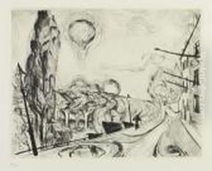 Landschaft Mit Ballon. Blatt 14 Der Folge <gesichter>. by Max Beckmann
