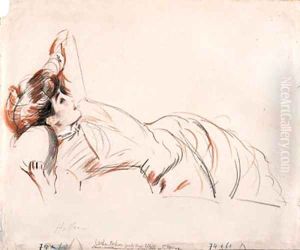 An elegant Lady reclining by Paul Cesar Helleu