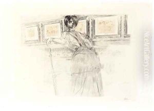 Madame Helleu devant les Watteau du Louvre by Paul Cesar Helleu