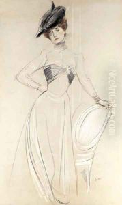 Portrait of an elegant woman wearing a hat, leaning on a chair by Paul Cesar Helleu