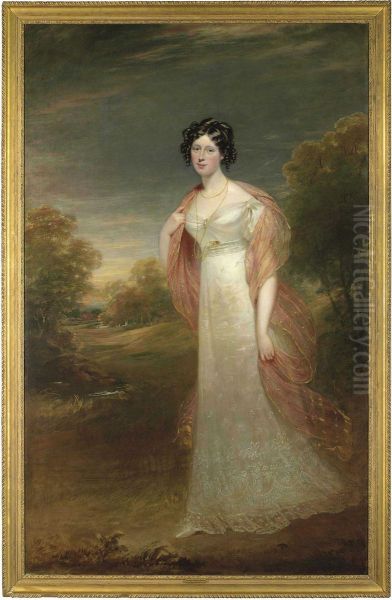 Portrait Of Ann Maria Harriet De
Rhodes (1793-1849), Full-length, In A White Dress And Pink Chiffon
Wrap, A Wooded Landscape Beyond - view 1