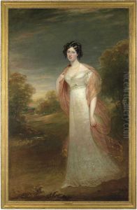 Portrait Of Ann Maria Harriet De
Rhodes (1793-1849), Full-length, In A White Dress And Pink Chiffon
Wrap, A Wooded Landscape Beyond by Sir William Beechey