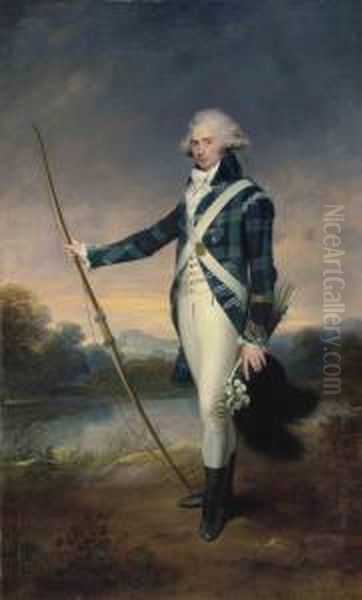 Beechey, R.a. Portrait Of
George Douglas, 16th Earl Of Morton, K.t. ,full-length, Holding A Bow,
In The Dress Of The Royal Company Ofarchers, Holding A Longbow And A
Black-plumed White Cockaded Cap,in Holyrood Park, With Duddingston Loch
And Edinb - view 1