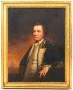 A Portrait Of A Naval Captain, In Uniform,waist Length, A Vessel In The Distance